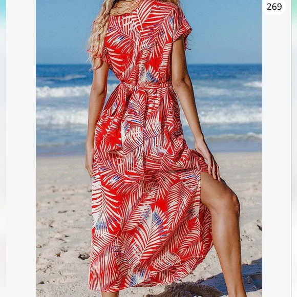 Red Leaf Print Tie Flowy Dress - Picture 3 of 7